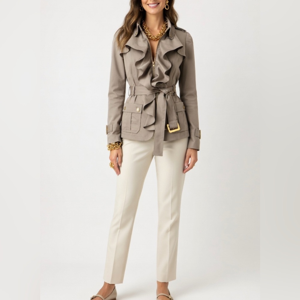 Anthropologie Elevenses Femme Ruffle Trench Coat Sz 12 LIKE NEW